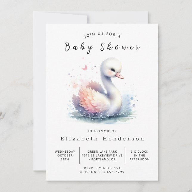 Invitación Gracetable Printable Swan Baby Shower (Anverso)