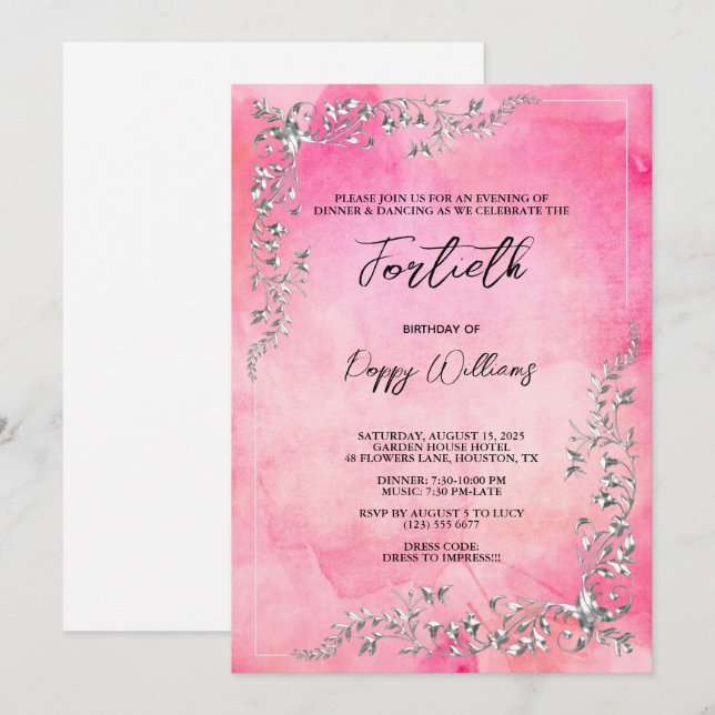 Invitación Graceus Silver Decoración Acuarela Cumpleaños (Anverso / Reverso)