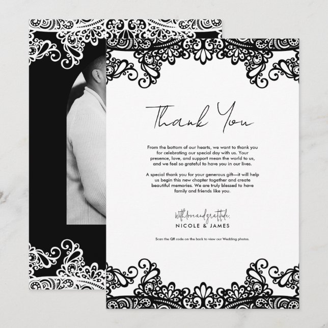 Invitación Gracias a la elegante boda de encaje blanco y negr (Anverso / Reverso)