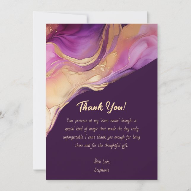 Invitación Gracias a la modernidad Resumen Rosa Púrpura y Oro (Anverso)