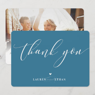 Invitación GRACIAS boda foto elegante caligrafía denim