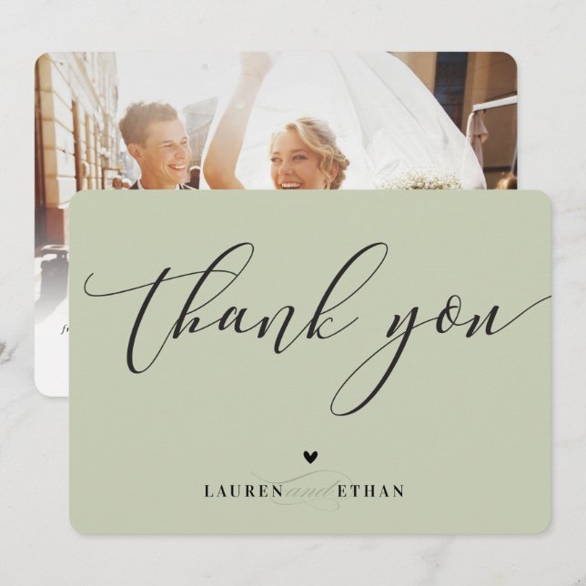 Invitación GRACIAS boda foto elegante matcha sage verde (Anverso / Reverso)