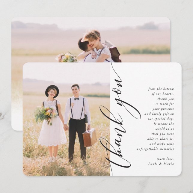 Invitación GRACIAS boda fotografía caligrafía lateral moderna (Anverso / Reverso)