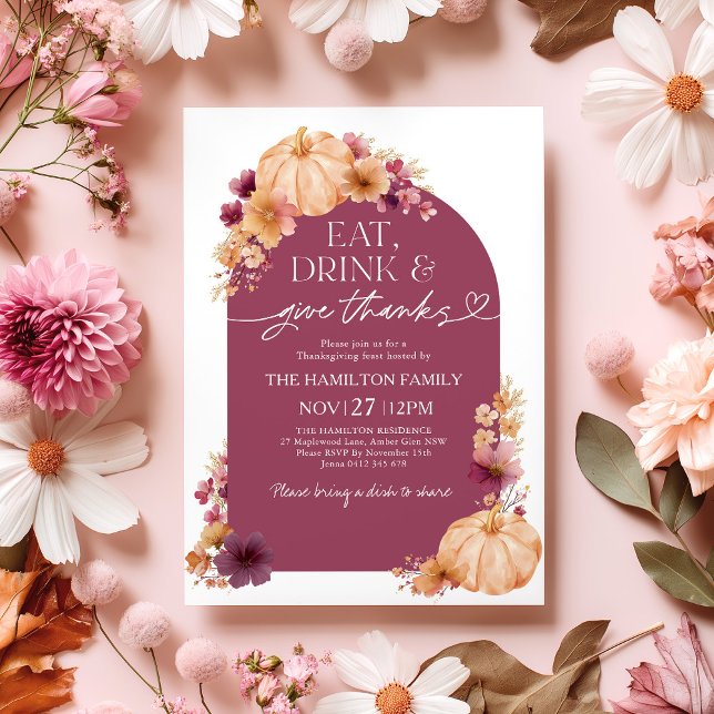 Invitación Gracias Calabaza Floral de Acción de Gracias (Eat, Drink and Give Thanks | Thanksgiving Dinner Invitation | Fall floral design with pumpkins)