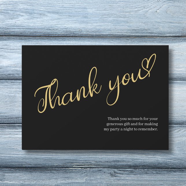 Invitación Gracias Cumpleaños (Black and gold birthday party thank you card.)