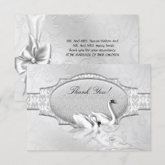 Invitación Gracias Elegante Boda Cisnes Corazón Plata Blanco