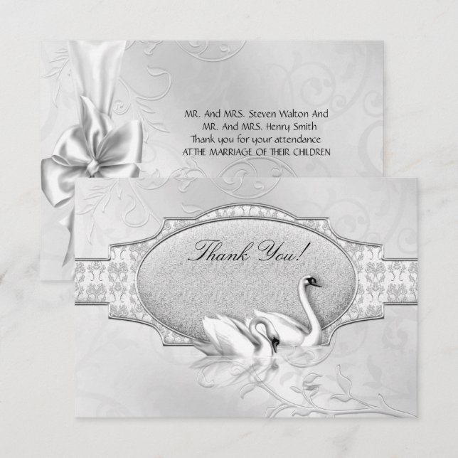 Invitación Gracias Elegante Boda Plata Corazón de Cisnes Blan (Anverso / Reverso)