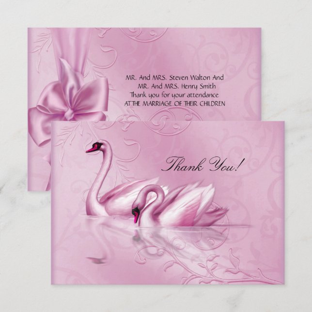 Invitación Gracias Elegantes Cisnes Rosas de Boda (Anverso / Reverso)