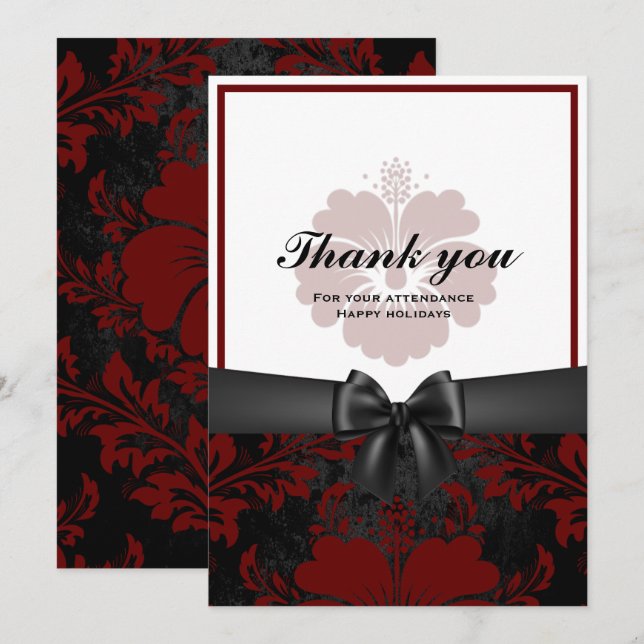 Invitación Gracias feliz fiesta negro arco, rojo floral (Anverso / Reverso)