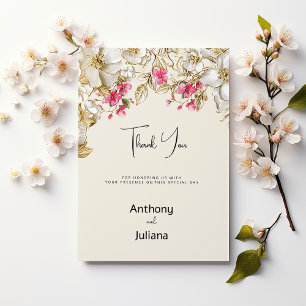 Invitación Gracias flores de oro blanco rosa marfil de lujo