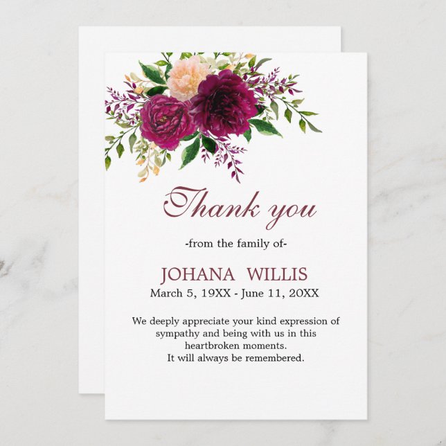 Invitación Gracias, funeral Floral Purple Memorial Card (Anverso / Reverso)