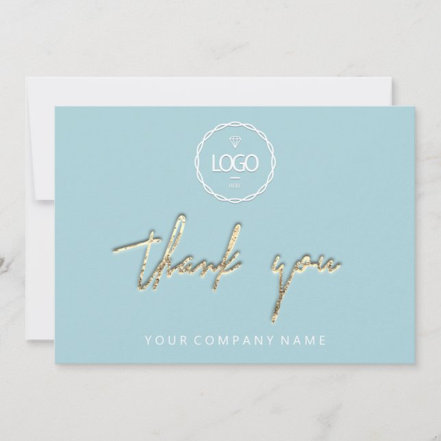 Invitación Gracias Golden Script Business Logo Aqua (Anverso)