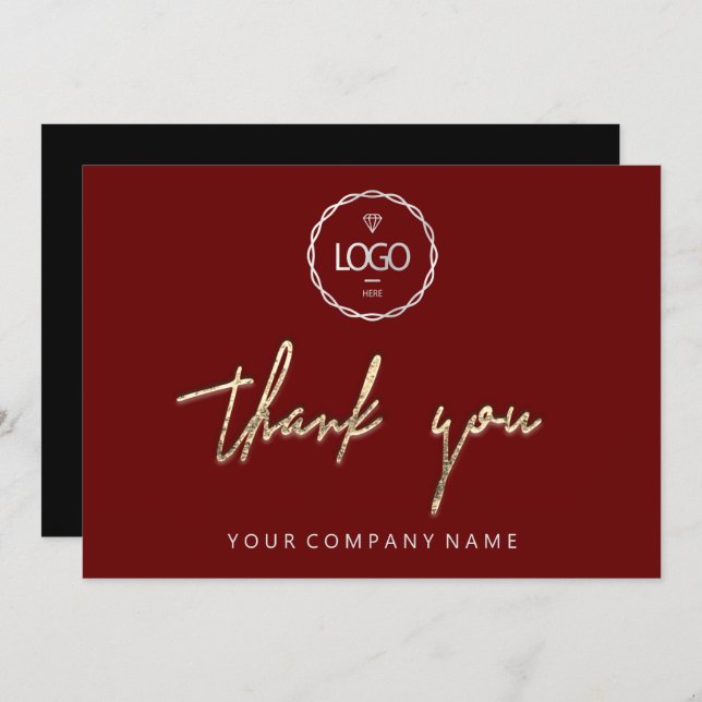 Invitación Gracias, Golden Script Business Logo Burgundy (Anverso / Reverso)