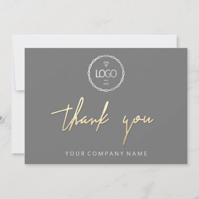 Invitación Gracias Golden Script Business Logo Gray (Anverso)