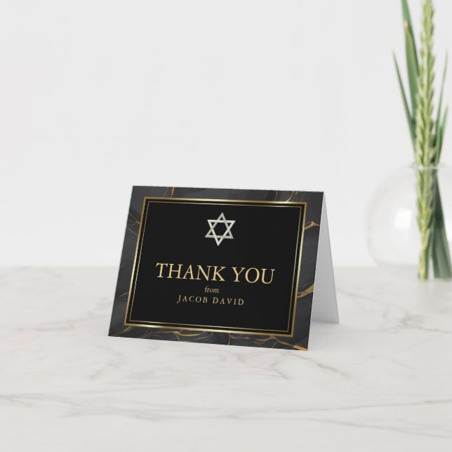 Invitación Gracias| Moderna barra de mármol negro Mitzvah (Anverso)