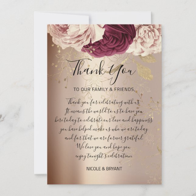 Invitación Gracias Monogram Pink Florals Marsala Rosa Gold (Anverso)