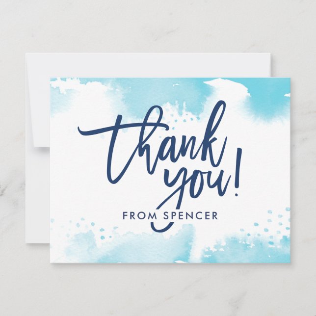 Invitación GRACIAS NOTA color acuático azul con letras a mano (Anverso)