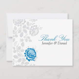 Invitación Gracias Notas Damasco azul y gris