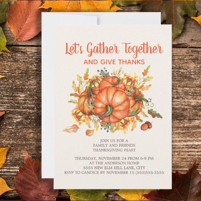 Invitación Gracias por las calabazas de la cena de Acción de  ("Let's gather together and give thanks" Thanksgiving Dinner invitation)