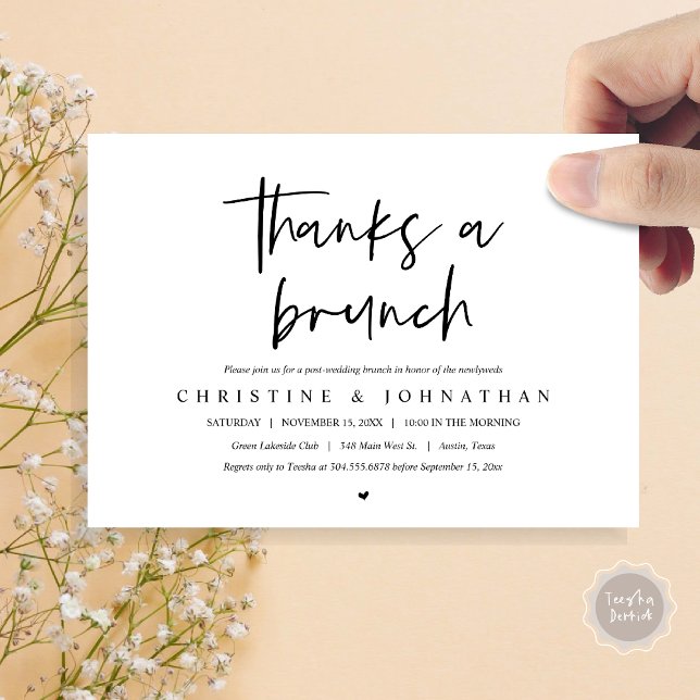 Invitación Gracias por un brunch, invitati de la celebración  (Thanks a brunch, post wedding elopement invitation card, PDF, modern script, black and white)