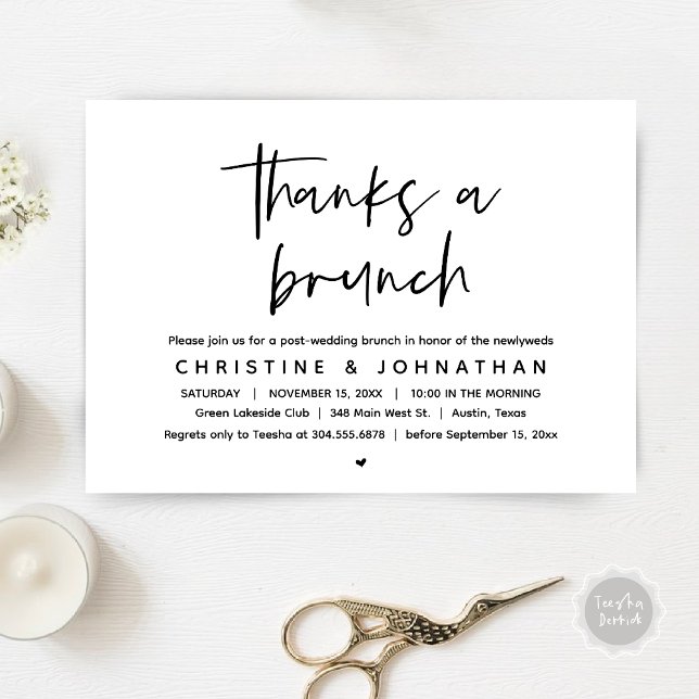 Invitación Gracias por un brunch, invitati de la celebración  (Thanks a brunch, The Morning After, post wedding celebration invitation card, PDF, White Black)