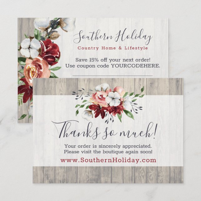 Invitación Gracias Rustic Wood Southern Country Cotton Card (Anverso / Reverso)