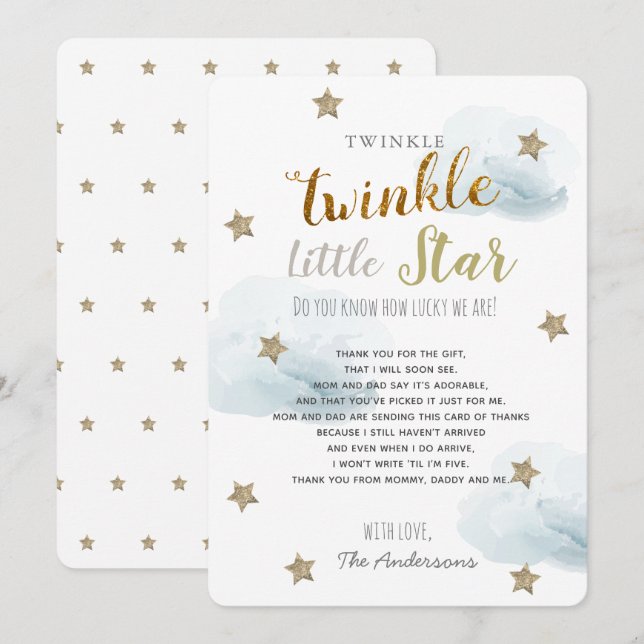 Invitación Gracias Twinkle Little Star Baby Shower Blue (Anverso / Reverso)
