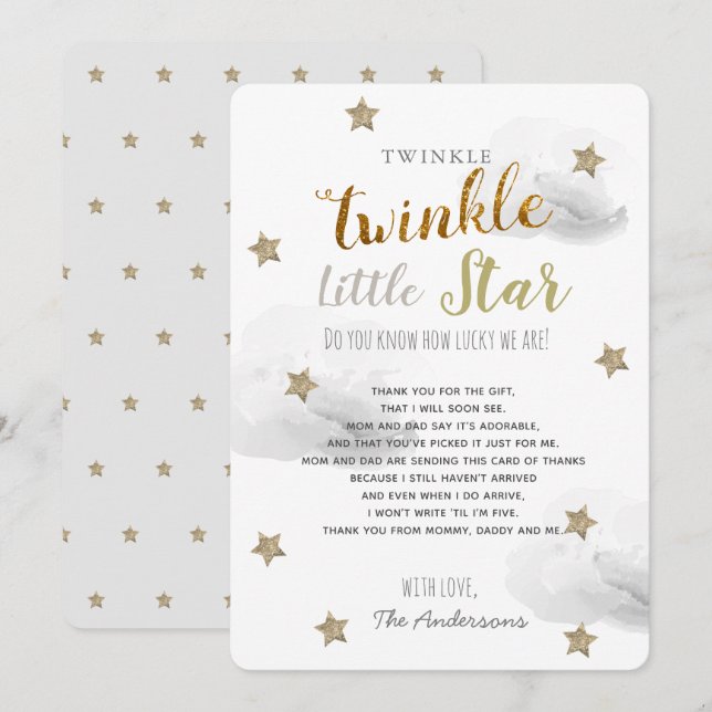 Invitación Gracias Twinkle Little Star Baby Shower Gray (Anverso / Reverso)