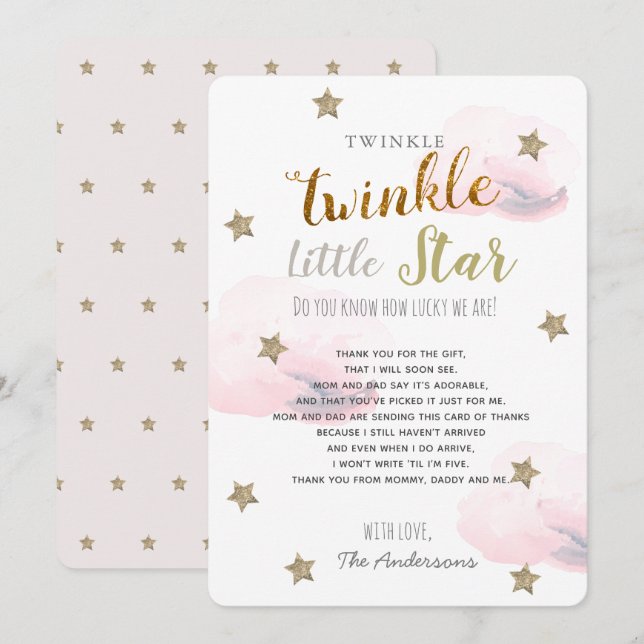 Invitación Gracias Twinkle Little Star Baby Shower Pink (Anverso / Reverso)