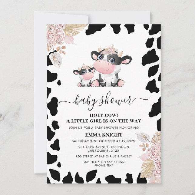 Invitación Graciosa floral rosa vaca sagrada impresora Baby S (Anverso)