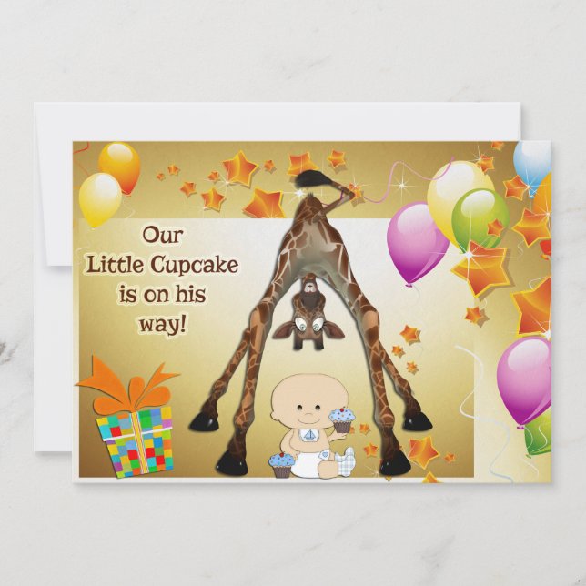 Invitación Graciosa jirafa, Baby Boy y Cupcakes Baby Shower (Anverso)