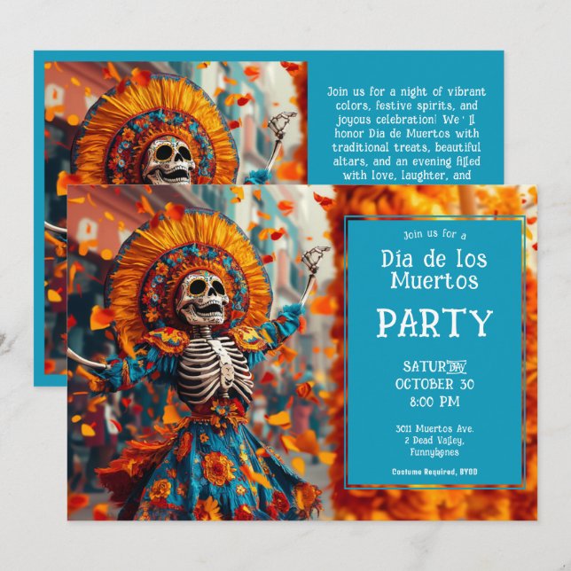 Invitación 💀 Graciosa La Calavera con un vestido de flores (Anverso / Reverso)