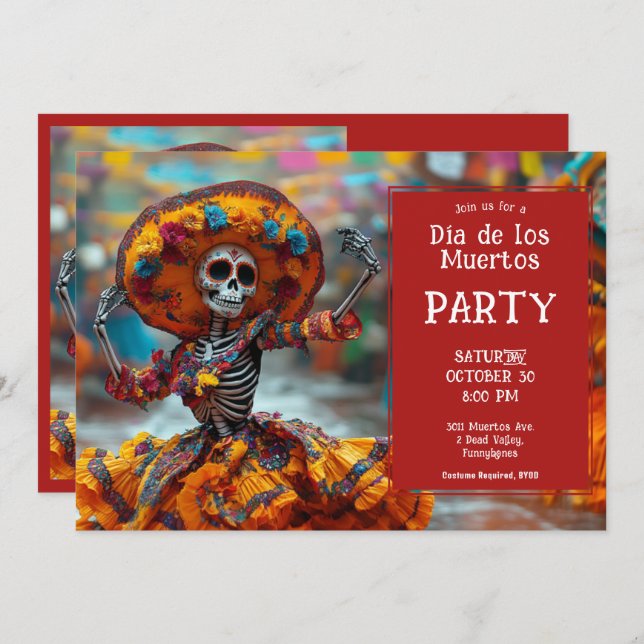 Invitación 💀 Graciosa La Calavera con vestido naranja (Anverso / Reverso)