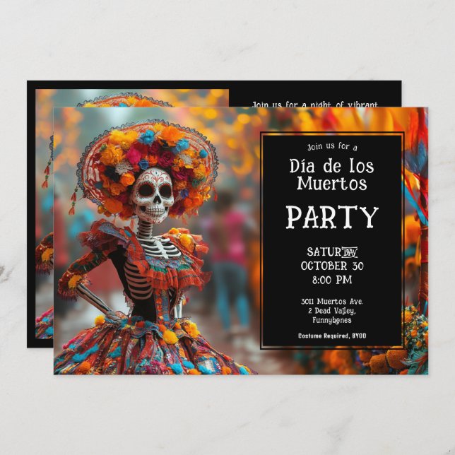 Invitación 💀 Graciosa La Calavera en gorra con flores (Anverso / Reverso)