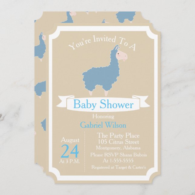 Invitación Graciosa Llama azul pequeña Baby Shower (Anverso / Reverso)