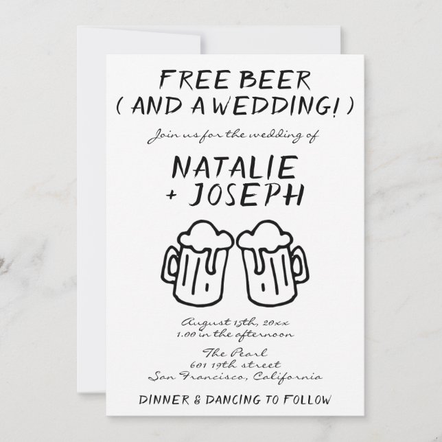 Invitación Graciosa Mano De Esgrima Dibujada Boda De Cervezas (Anverso)