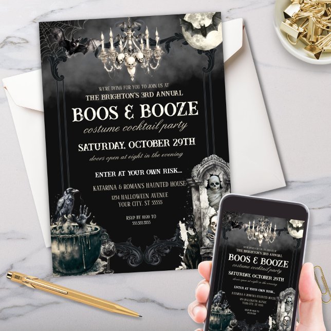 Invitación Graciosa momia bats Boos de Halloween y Fiesta de  (Halloween boos and booze party invitation with mummy skeleton bats and raven)