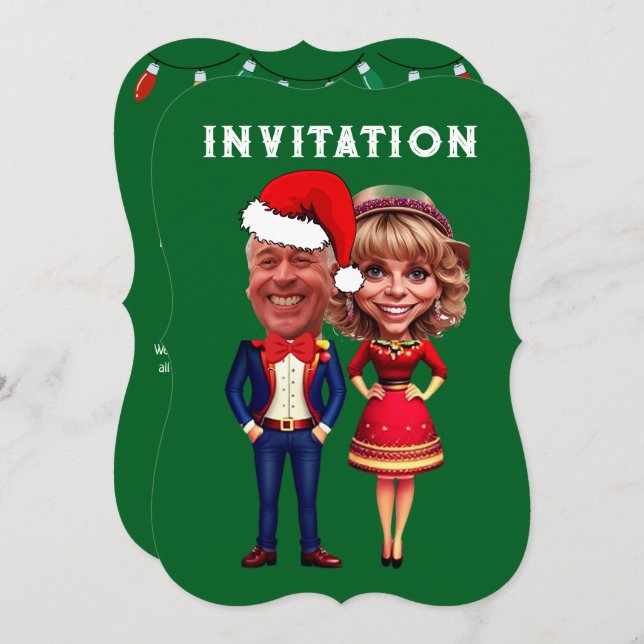 Invitación Graciosa pareja de caricaturas de Navidad verde y  (Anverso / Reverso)