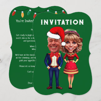 Invitación Graciosa pareja de caricaturas de Navidad verde y 
