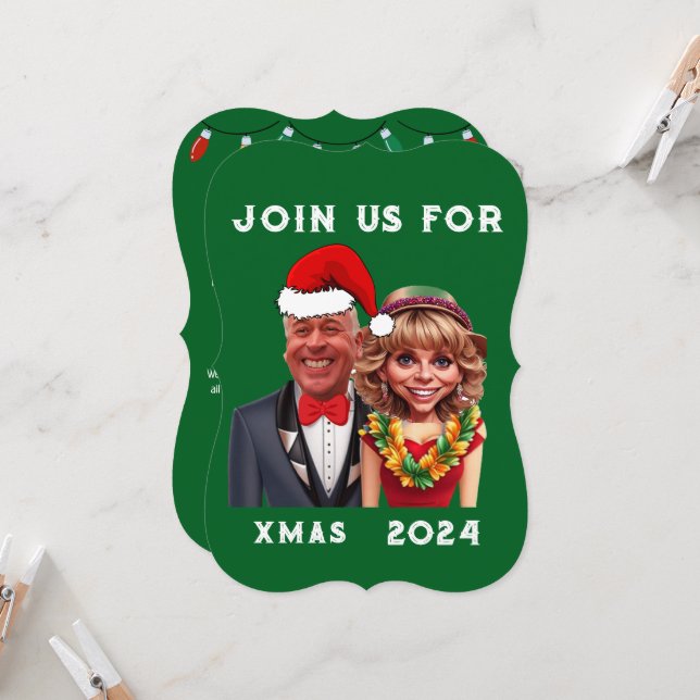 Invitación Graciosa pareja de caricaturas de Navidad verde y  (Anverso/Reverso In Situ)