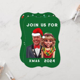 Invitación Graciosa pareja de caricaturas de Navidad verde y