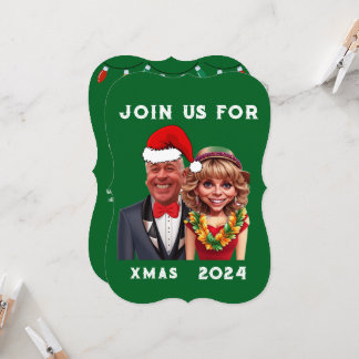 Invitación Graciosa pareja de caricaturas de Navidad verde y 