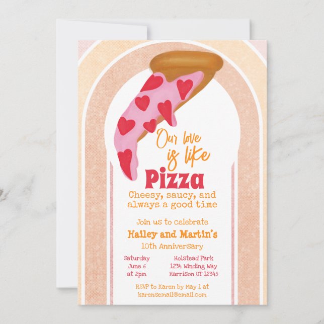 Invitación Gracioso aniversario de hito de pizza (Anverso)