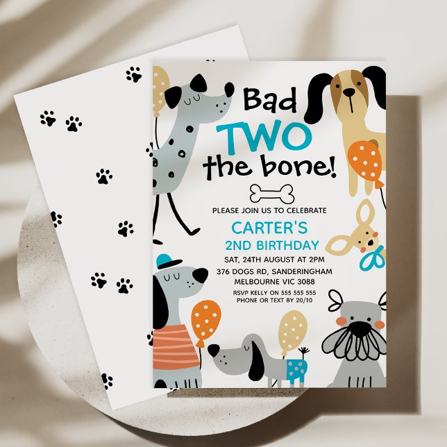 Invitación Gracioso Blue Bad Two The Bone Dogs 2º cumpleaños (Editable Dog Bad 2 the Bone Birthday Invitation, Bad Two the Bone Birthday Invitation Template, Dogs)