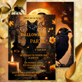 Invitación Gracioso Cat y Raven Halloween Party