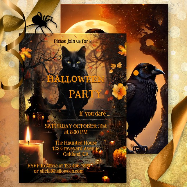 Invitación Gracioso Cat y Raven Halloween Party (Halloween party invitation featuring a cute black cat in a  graveyard scene with a festive candle)
