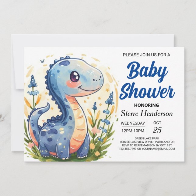 Invitación Gracioso Encantado Blue Dinosaur Boy Baby Shower (Anverso)