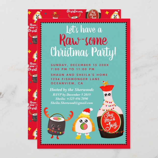Invitación Gracioso Fiesta de Navidades de sushi en Kawaii Ro (Anverso / Reverso)