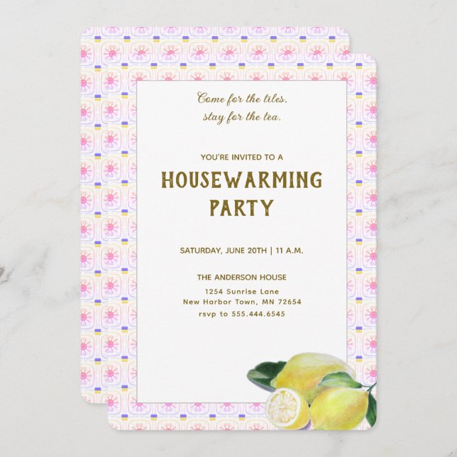Invitación Gracioso Fiesta de té para la casa Boho Lemons Rai (Anverso / Reverso)
