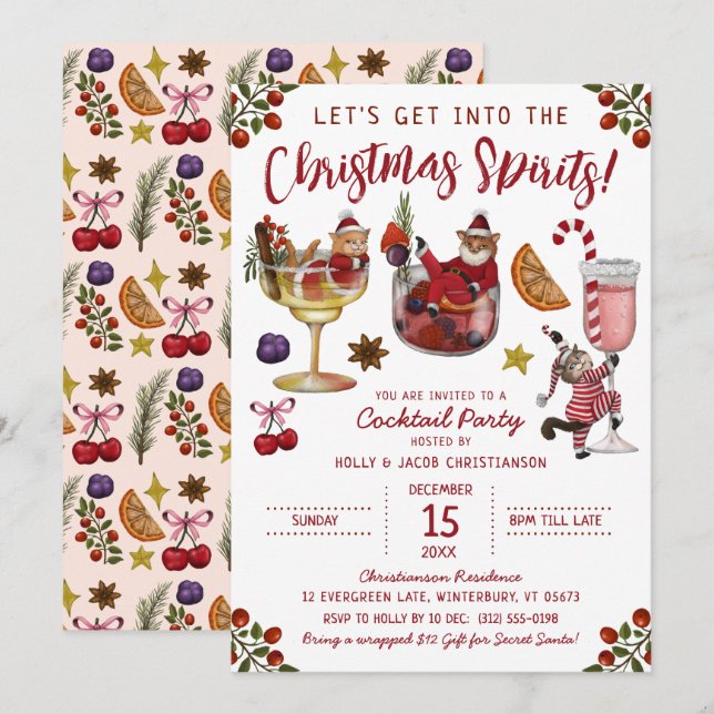 Invitación Gracioso gato blanco Navidades Fiesta de cócteles  (Anverso / Reverso)